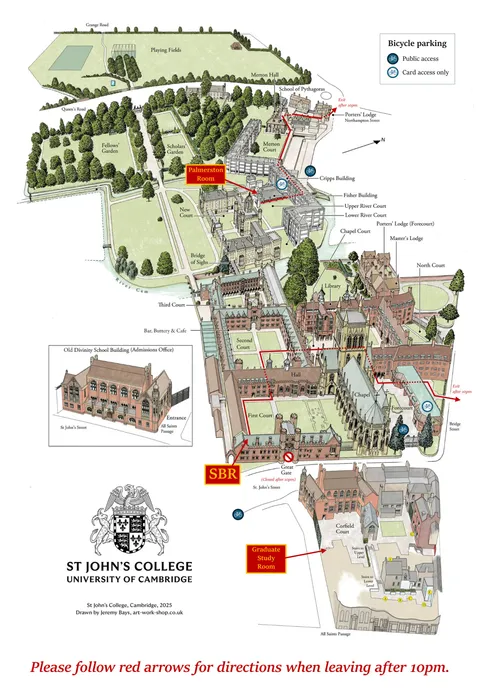 Map of St John's College showing the courts, the Backs and the river